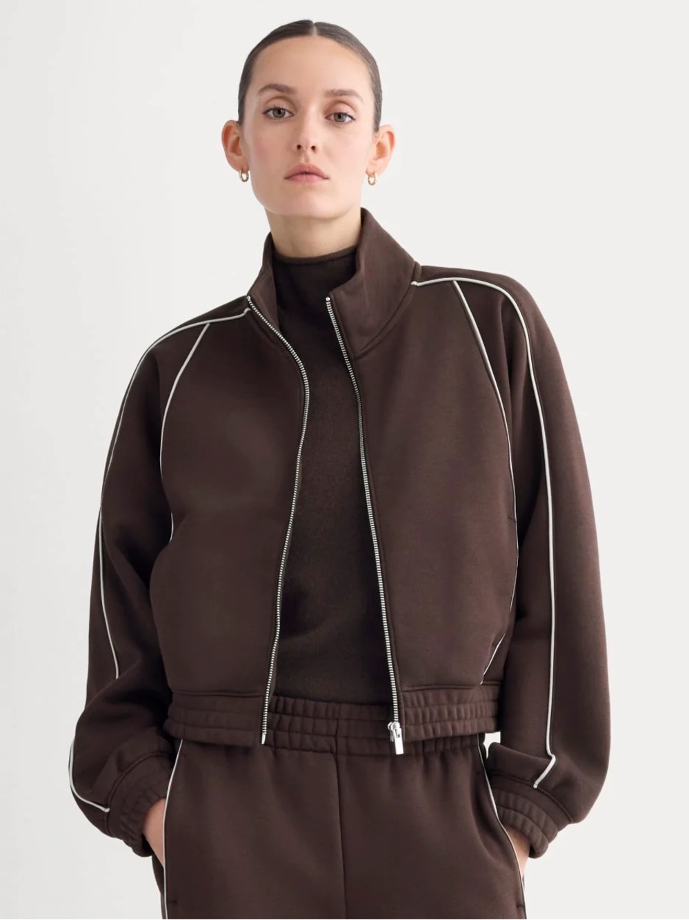 Everlane Luxe Fleece Track Jacket Chocolate Plum XXS NWT Cropped Zip Up Piping